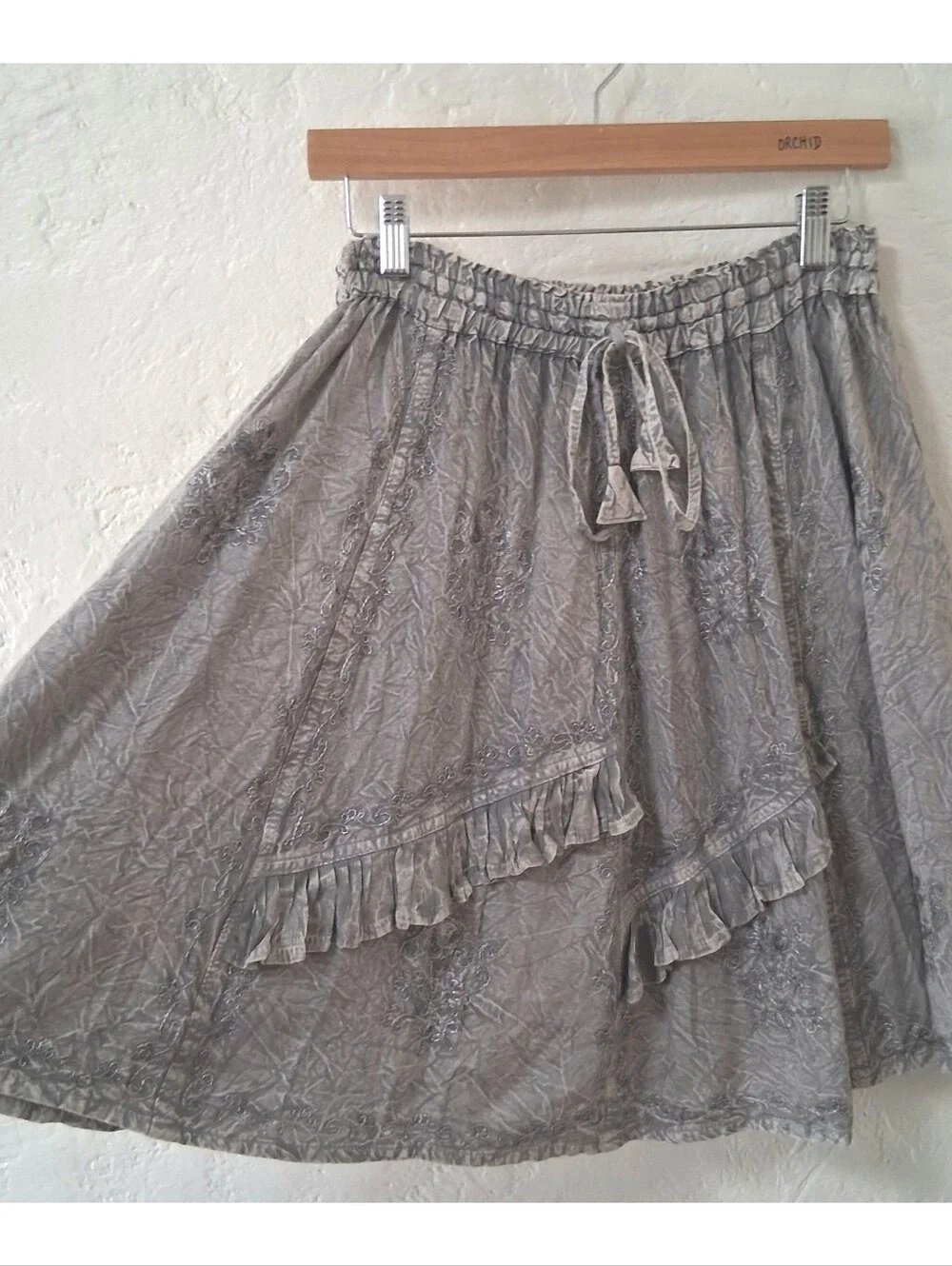 WHIMSIGOTH Fairycore Gray Crinkle Rayon Ruffle Mini Skirt Vintage Boho